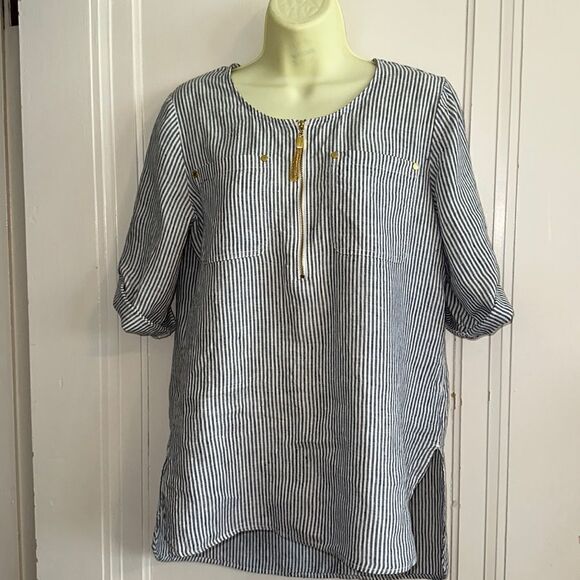Ellen Tracy Linen blue & white striped blouse with gold chain zip up neck - Picture 1 of 10